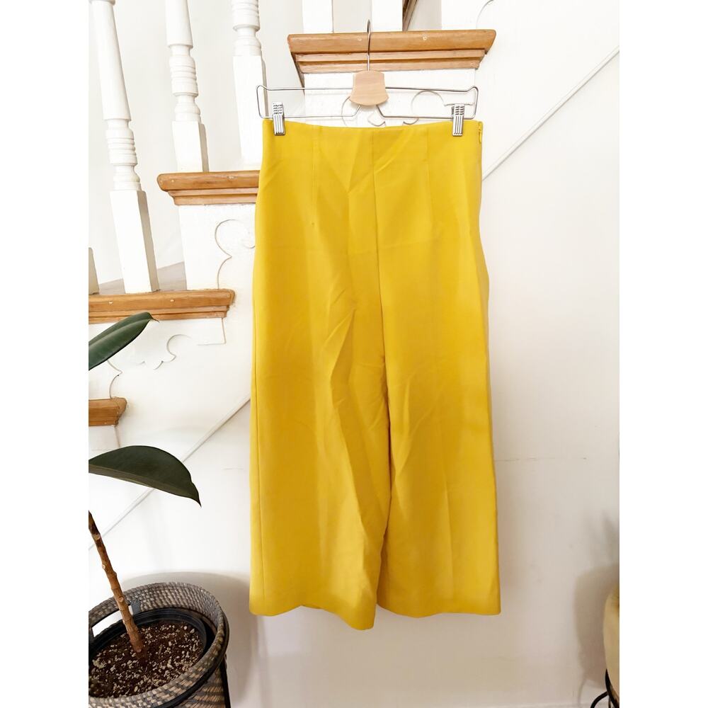 Zara High Waisted Wide Leg Cropped Pants Yellow Side Zip Trouser Size M - Picture 2 of 8